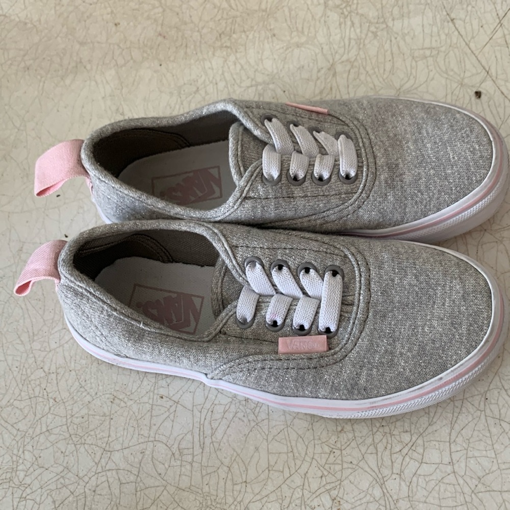 Juniors size 13.5 Slip on Vans Gray with Pink Trim